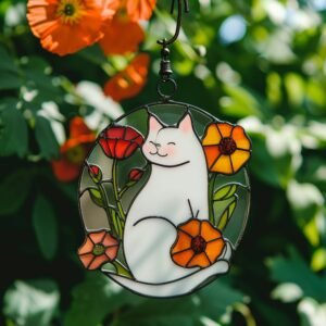Digital Download Suncatcher Cat T01 in flower Stained glass Window hanging Decorative cat Art gift Window Glass panel Wall hanging window