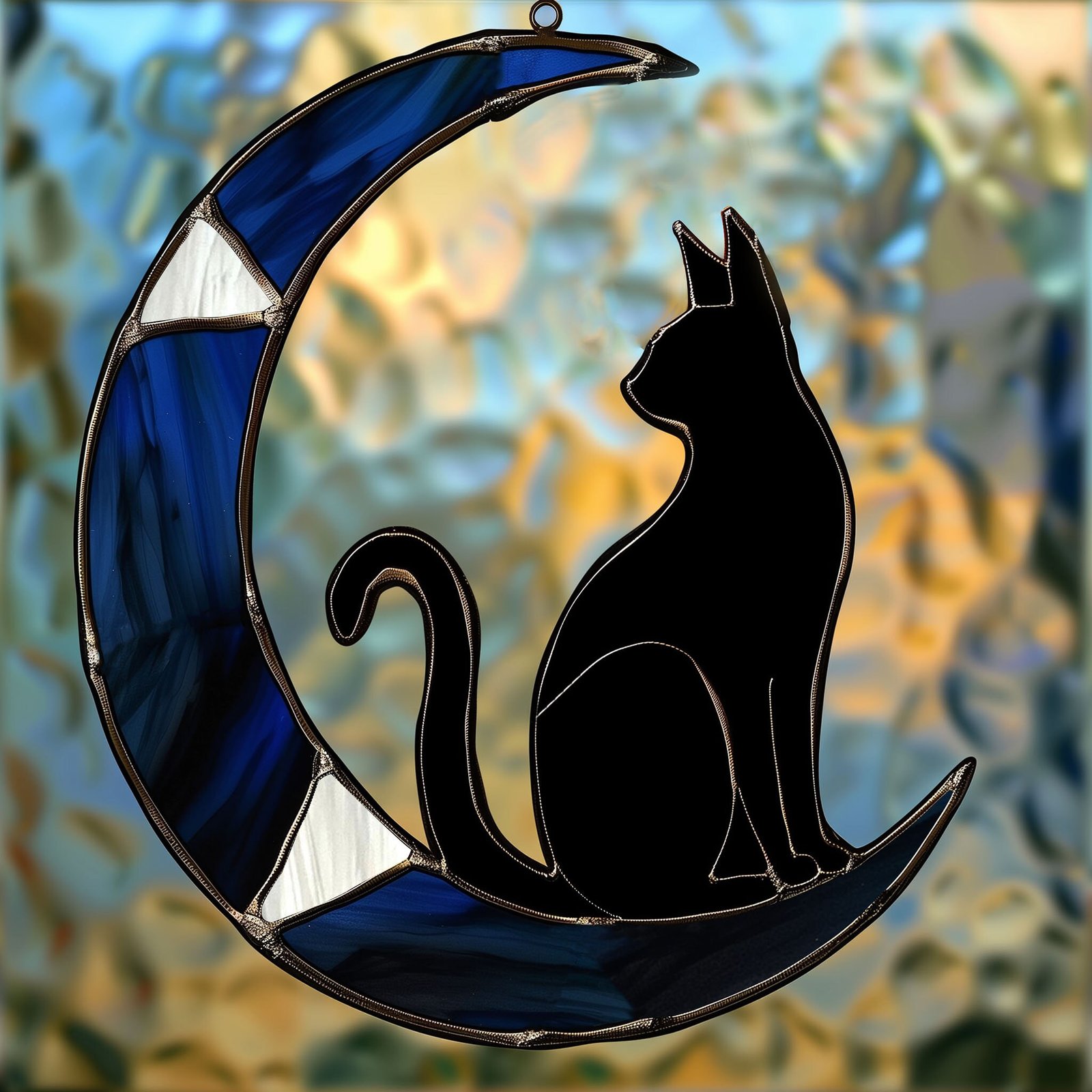 Digital Download Suncatcher Cat T01, black cat sitting on crescent moon stained glass Glass panel Wall hanging window