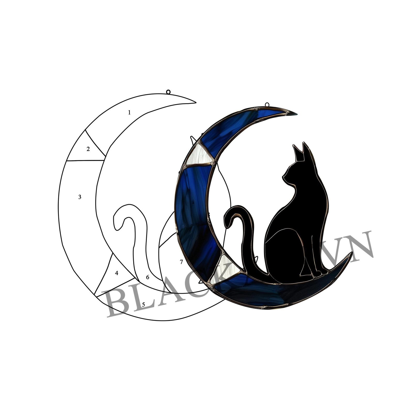 Digital Download Suncatcher Cat T01, black cat sitting on crescent moon stained glass Glass panel Wall hanging window - Image 2