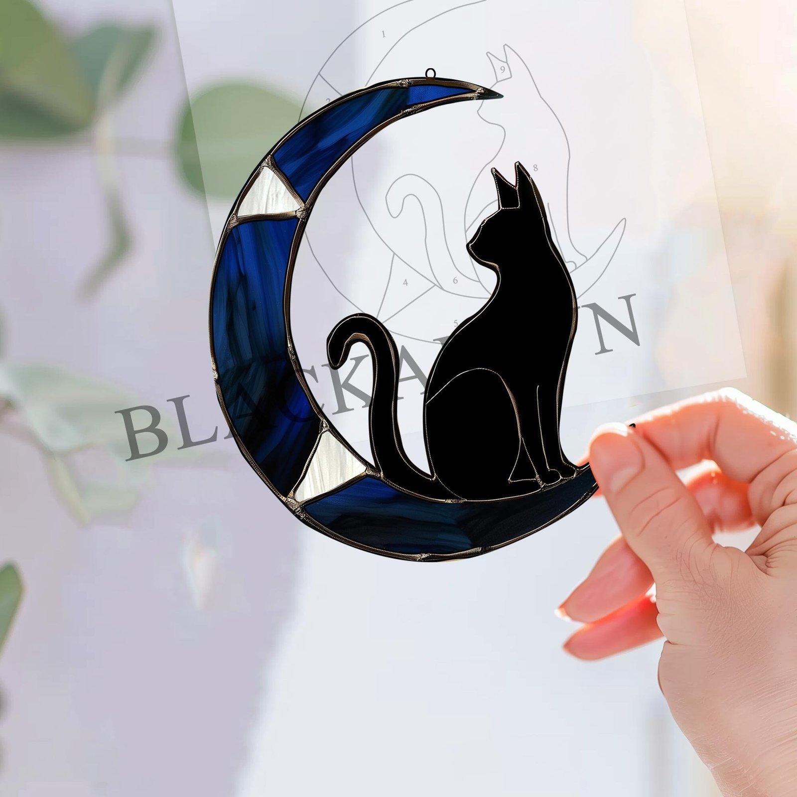 Digital Download Suncatcher Cat T01, black cat sitting on crescent moon stained glass Glass panel Wall hanging window - Image 3