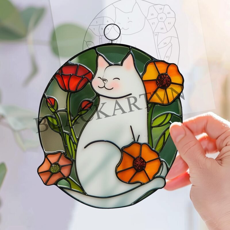 Digital Download Suncatcher Cat T01 in flower Stained glass Window hanging Decorative cat Art gift Window Glass panel Wall hanging window - Image 3