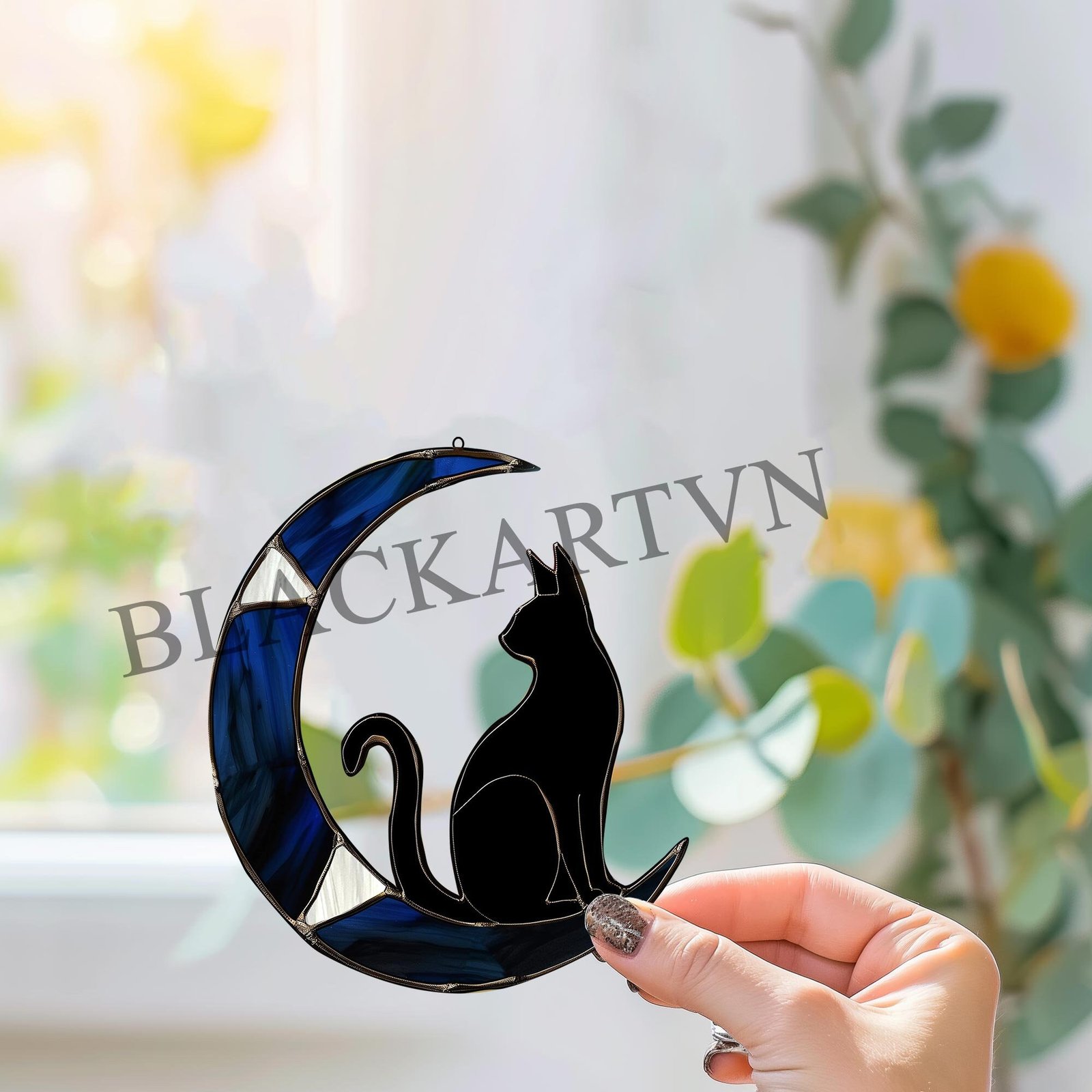 Digital Download Suncatcher Cat T01, black cat sitting on crescent moon stained glass Glass panel Wall hanging window - Image 4