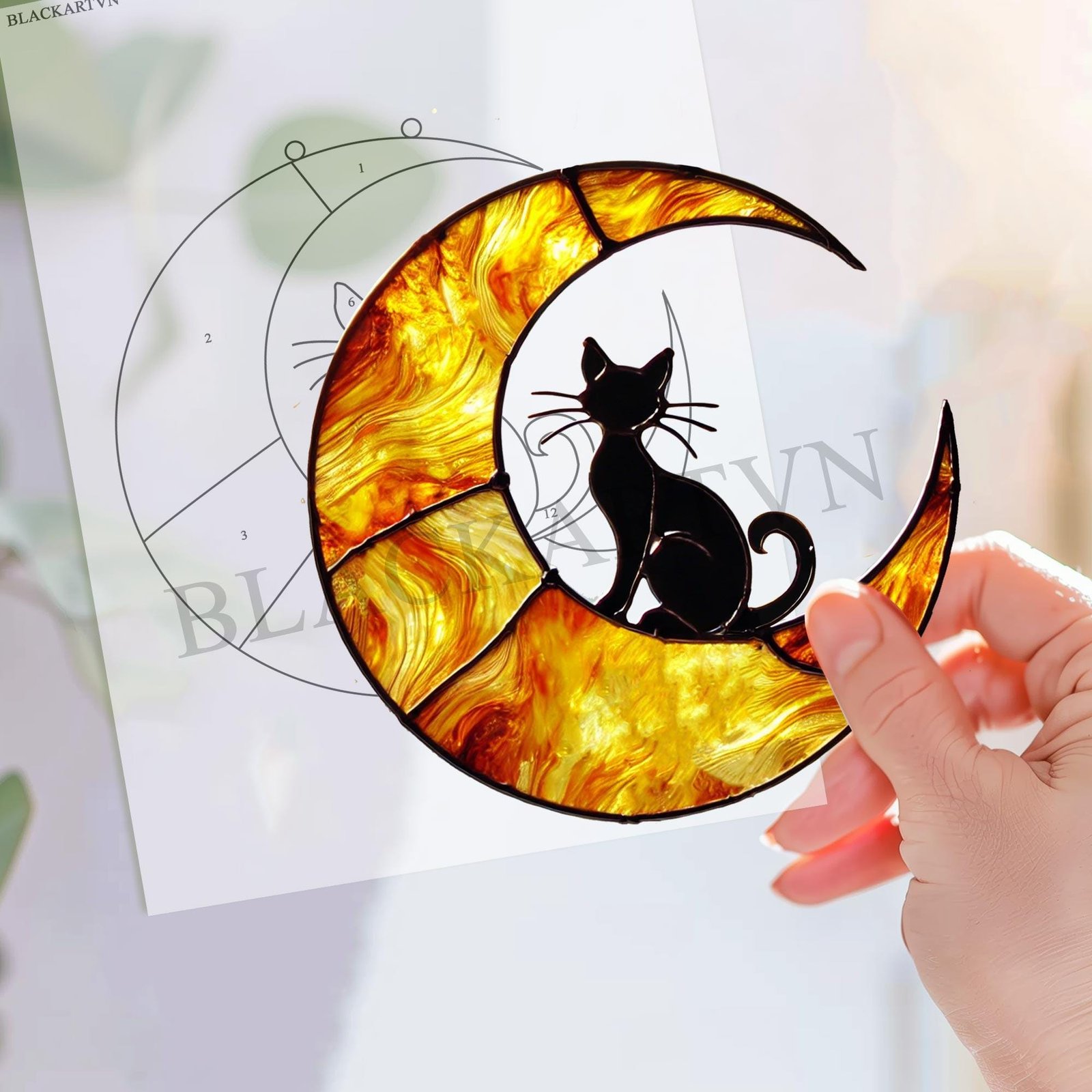 Digital Download Suncatcher Cat T03, black cat sitting on crescent moon stained glass Glass panel Wall hanging window - Image 2