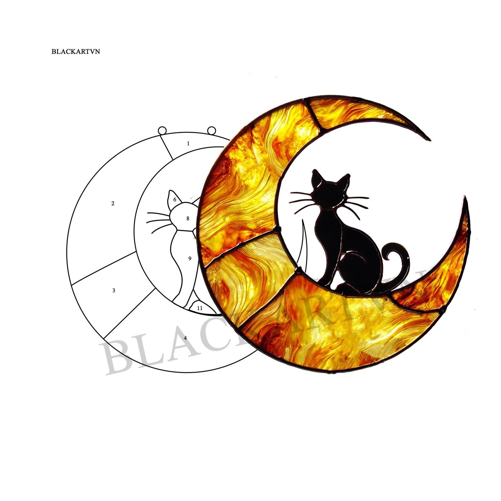 Digital Download Suncatcher Cat T03, black cat sitting on crescent moon stained glass Glass panel Wall hanging window - Image 3