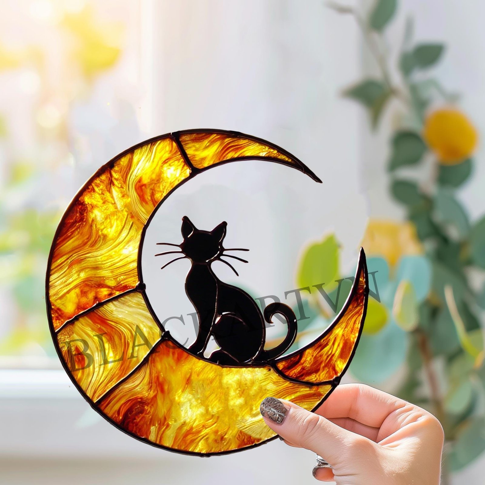 Digital Download Suncatcher Cat T03, black cat sitting on crescent moon stained glass Glass panel Wall hanging window