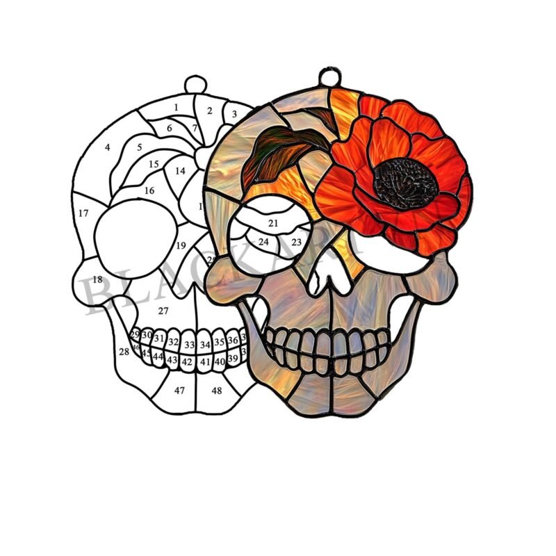 Digital Download Skull and Poppy flower D01 Stained Glass Pattern, Modern Suncatcher, Diy Stained Glass - Image 4