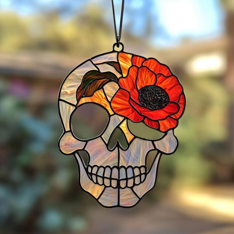 Digital Download Skull and Poppy flower D01 Stained Glass Pattern, Modern Suncatcher, Diy Stained Glass