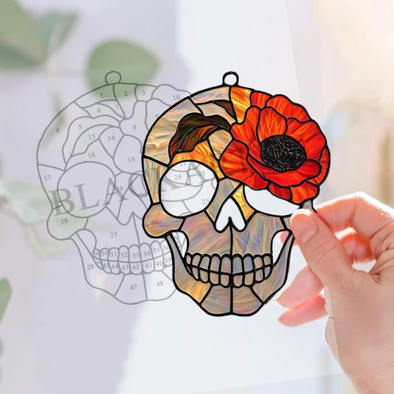 Digital Download Skull and Poppy flower D01 Stained Glass Pattern, Modern Suncatcher, Diy Stained Glass - Image 3