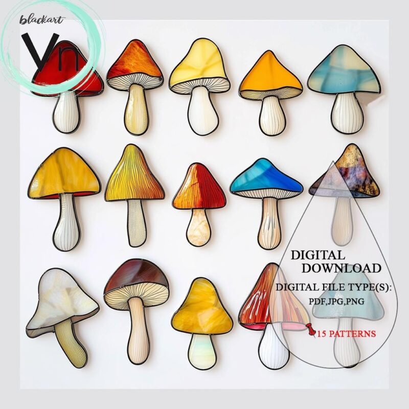 Digital Download 15 Pattern Mushroom T79 Stained Glass  , Modern Suncatcher, Diy Stained Glass