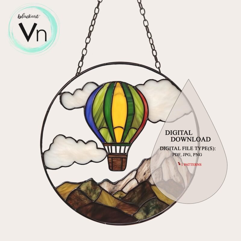 Digital Download Stained Glass Balloon Mountain T02, Modern Suncatcher, Diy Stained Glass,Window Hanging Decor.