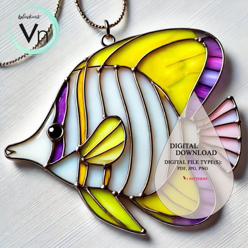Digital Download Purple Fish T01 Stained Glass Pattern, Modern Suncatcher, Diy Stained Glass,Easy art Hobby License Beginner to Intermediate