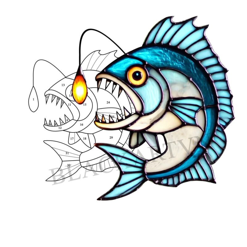 Digital Download Angler Fish Devil Fish  T01 Stained Glass Pattern, Modern Suncatcher, Diy Stained Glass