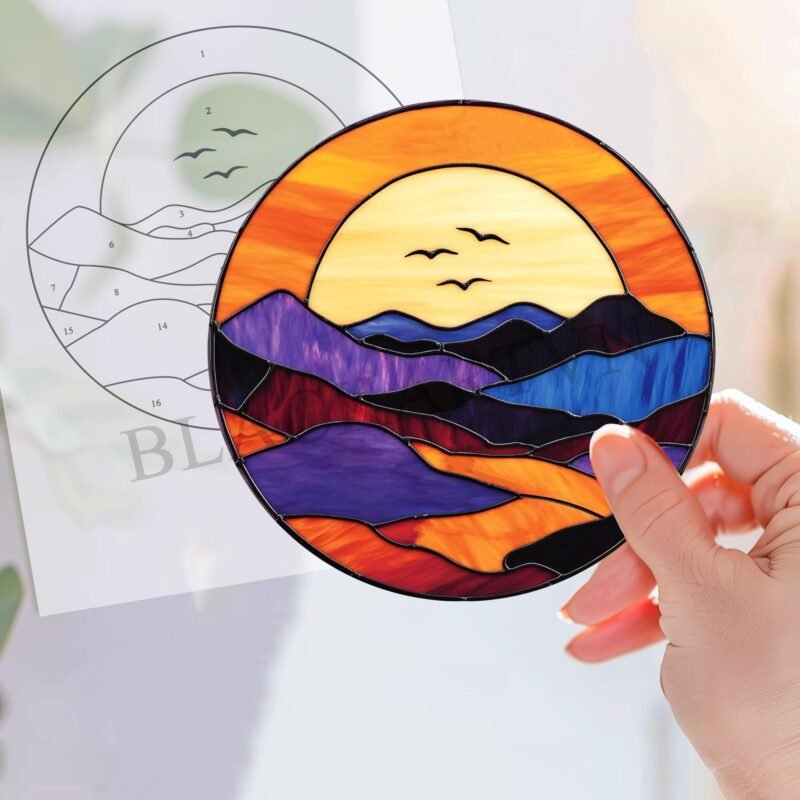 Digital Download Sunset of the mountain T01 , Modern Suncatcher, Diy Stained Glass,Window Hanging Decor. - Image 3