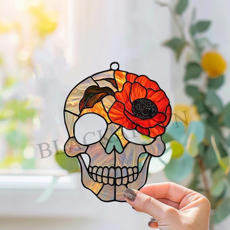 Digital Download Skull and Poppy flower D01 Stained Glass Pattern, Modern Suncatcher, Diy Stained Glass - Image 2