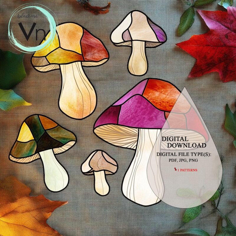 Digital Download mushroom forest T10 Stained Glass Pattern, Modern Suncatcher, Diy Stained Glass