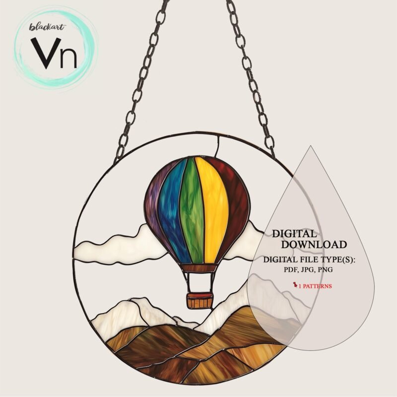 Digital Download Stained Glass Balloon Mountain T01, Modern Suncatcher, Diy Stained Glass,Window Hanging Decor.