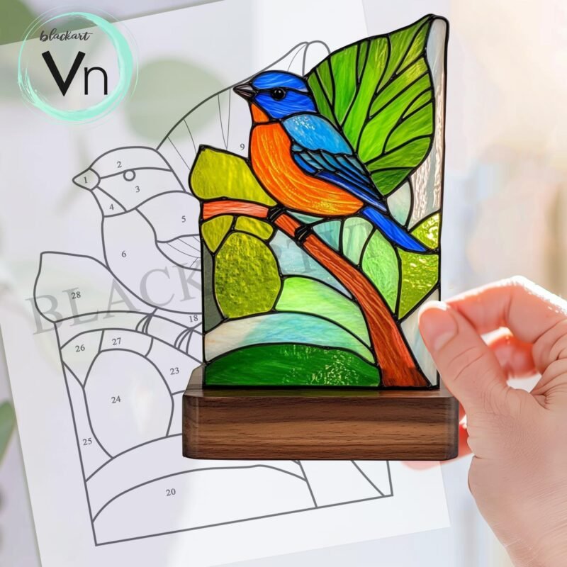 Digital Download Small blue bird flower stained glass Pattern, Modern Suncatcher, Diy Stained Glass bird  Pattern - Image 3