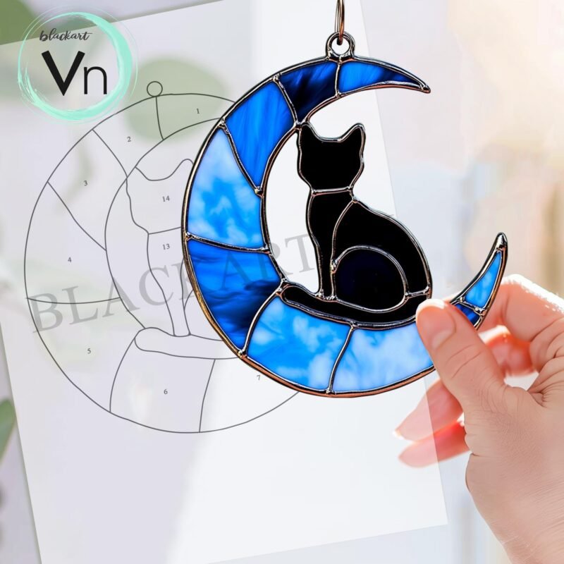 Digital Download Suncatcher Cat T05,  black cat sitting on crescent moon stained glass  Glass panel Wall hanging window - Image 3