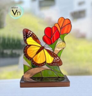 Digital Downloadbutterfly and flower T01  Stained Glass Pattern, Modern Suncatcher, Diy Stained Glass