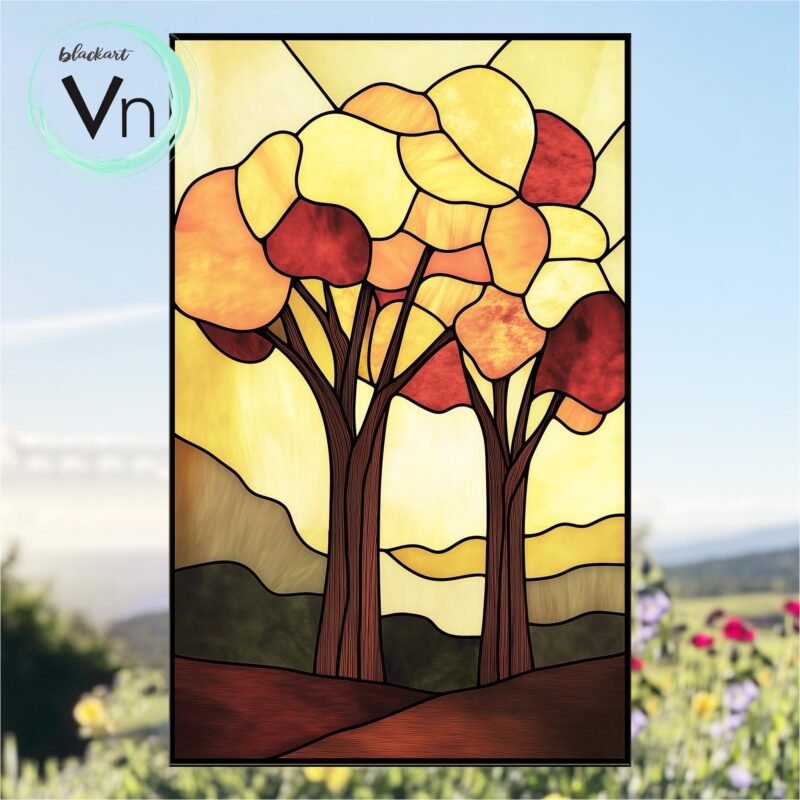 Digital Download Mountain Forest scene in autumn T05 Stained Glass Pattern, Modern Suncatcher, Diy , Stained Glass Windows , Christmas.