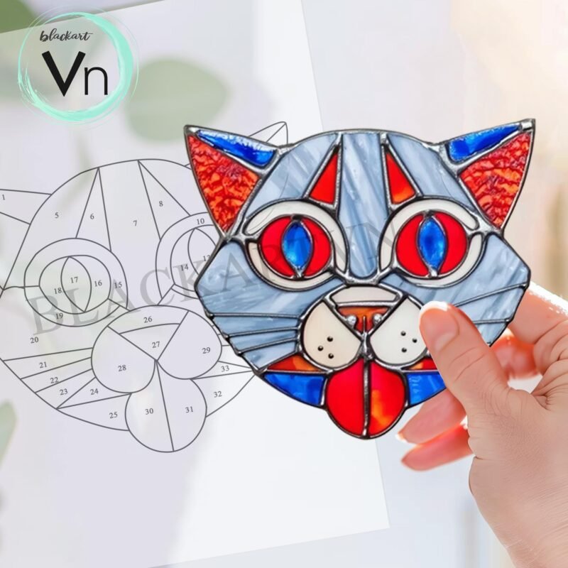 Digital Download Suncatcher Funny Cat T01,  black cat sitting on crescent moon stained glass  Glass panel Wall hanging window - Image 2