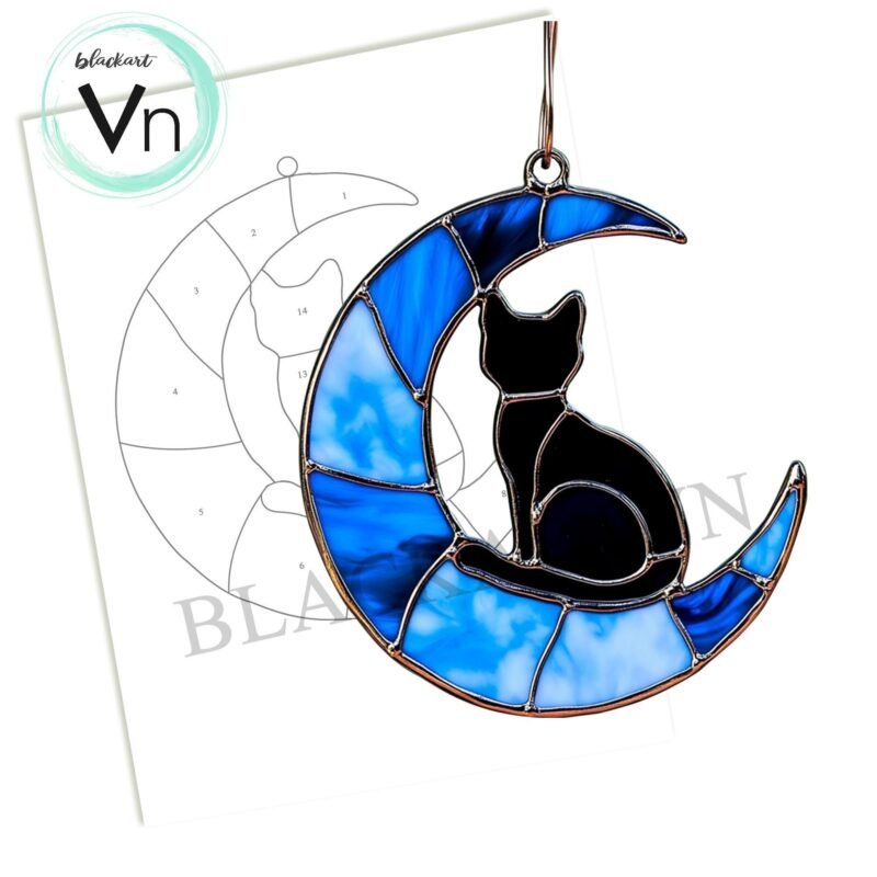 Digital Download Suncatcher Cat T05,  black cat sitting on crescent moon stained glass  Glass panel Wall hanging window - Image 4