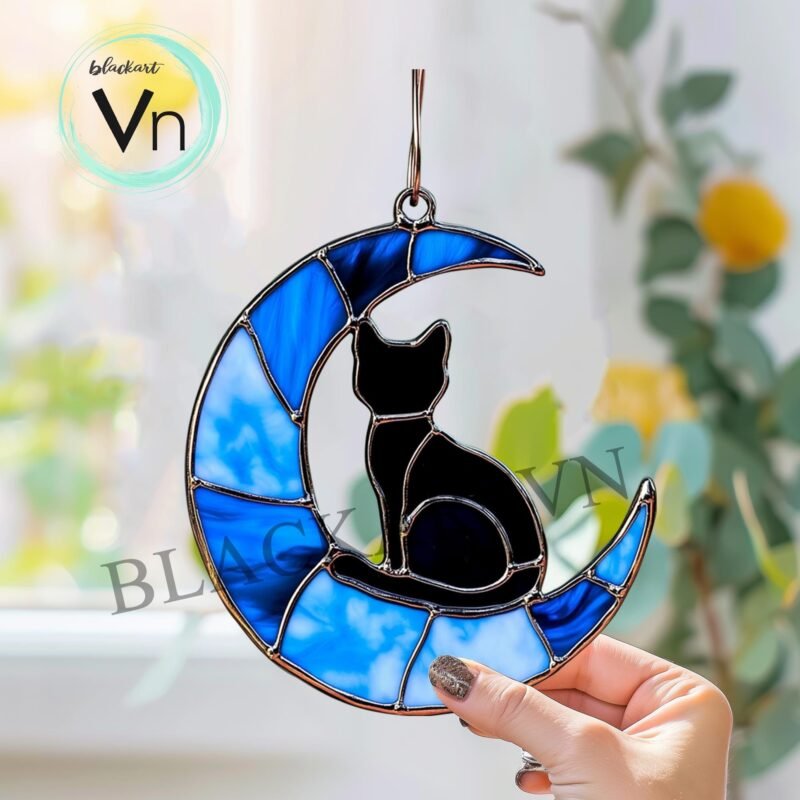 Digital Download Suncatcher Cat T05,  black cat sitting on crescent moon stained glass  Glass panel Wall hanging window - Image 2