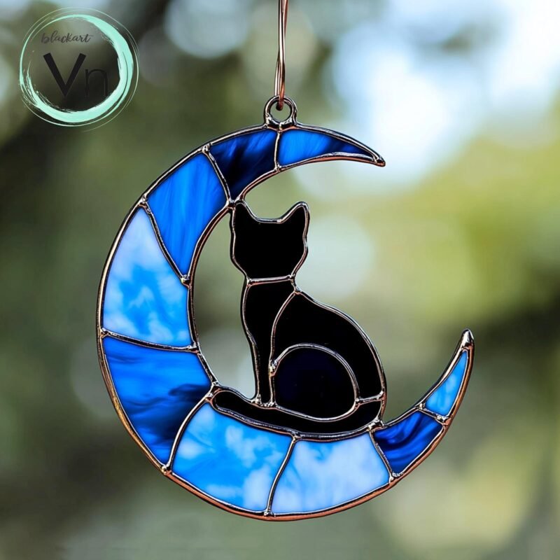 Digital Download Suncatcher Cat T05,  black cat sitting on crescent moon stained glass  Glass panel Wall hanging window