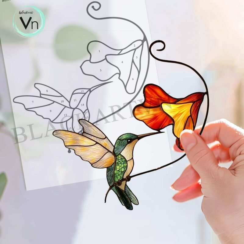 Digital Download Humming Bird Poppy  N01,  Stained Glass Pattern Modern Suncatcher Diy Easy art Hobby License  POppy flower - Image 2