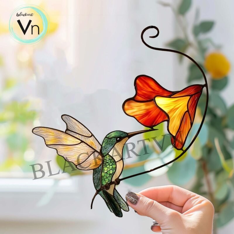 Digital Download Humming Bird Poppy  N01,  Stained Glass Pattern Modern Suncatcher Diy Easy art Hobby License  POppy flower