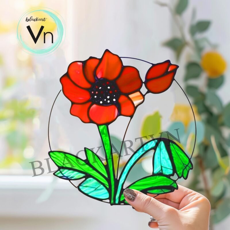 Digital Download Poppy flower T09 Stained Glass Pattern, Modern Suncatcher, Diy Stained Glass,Mother's Day - Image 2