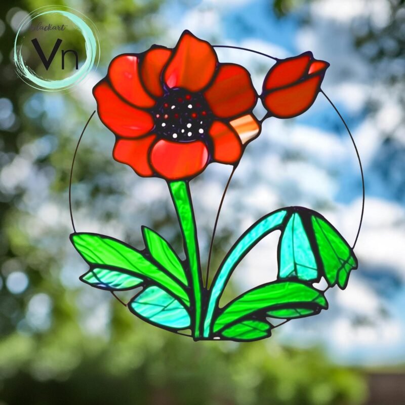 Digital Download Poppy flower T09 Stained Glass Pattern, Modern Suncatcher, Diy Stained Glass,Mother's Day