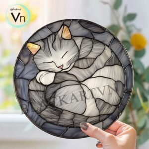 Digital Download Suncatcher Cat H01,  cat Slipping on crescent moon stained glass  Glass panel Wall hanging window