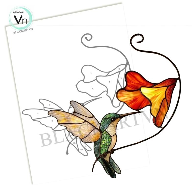 Digital Download Humming Bird Poppy  N01,  Stained Glass Pattern Modern Suncatcher Diy Easy art Hobby License  POppy flower - Image 3