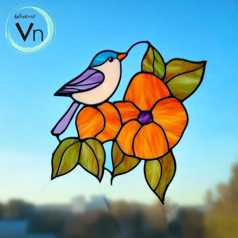Digital Download  Chickadee Bird Autumn Suncatcher Stained Glass Pattern, Modern Suncatcher, Diy Stained Glass| Beginner