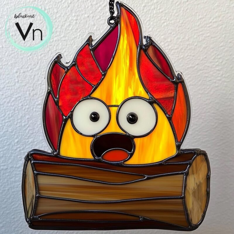 Digital Download Falling flame on Log T01 Stained Glass Pattern, Modern Suncatcher, Diy Stained Glass