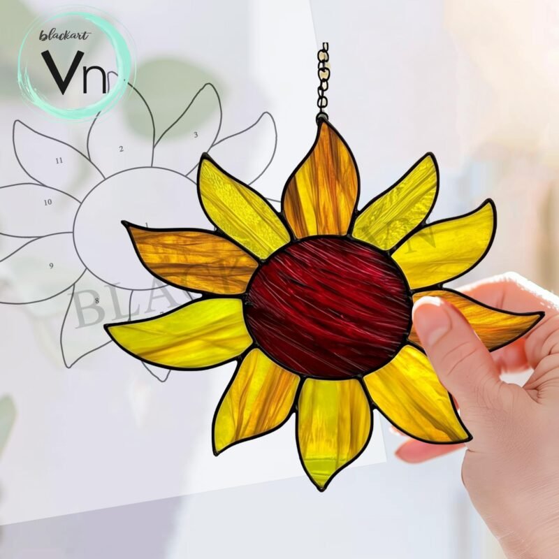 Digital Download sunflower T09 Stained Glass Pattern, Modern Suncatcher, DIY Stained Glass, Stained Glass Moon, Stained glass flower - Image 3
