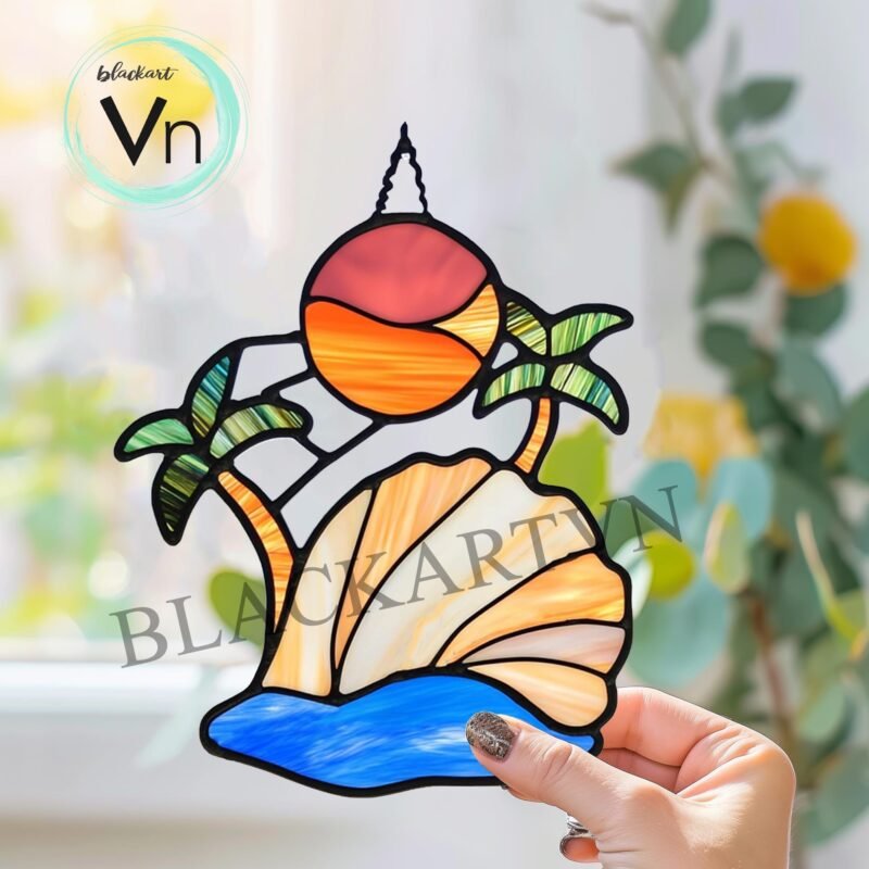 Digital Download tropical beach glass panels, Modern Suncatcher, Diy Stained Glass - Image 2