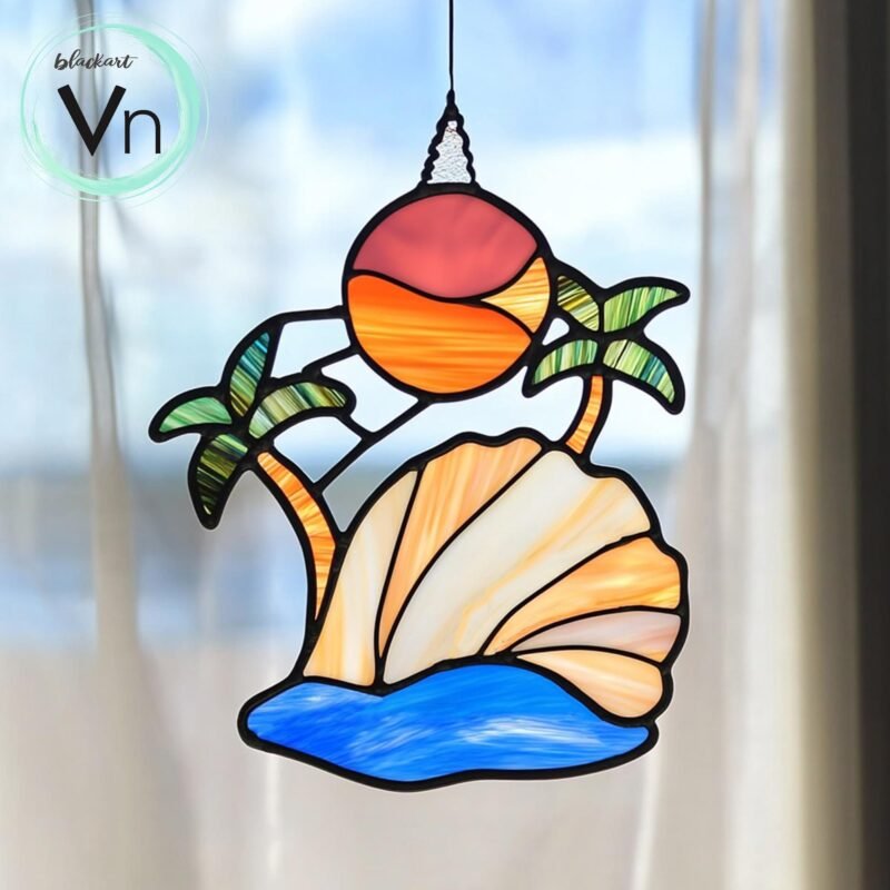 Digital Download tropical beach glass panels, Modern Suncatcher, Diy Stained Glass