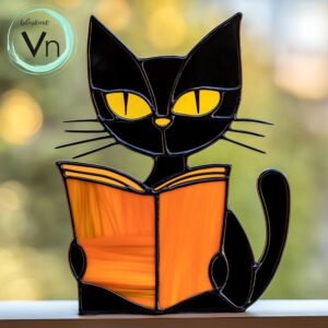 PATTERNS Cat Reading Book, Stained glass Hanging decor  Art Gifts for book lovers Glass wall decor Gift idea for cat lover,Digital Download