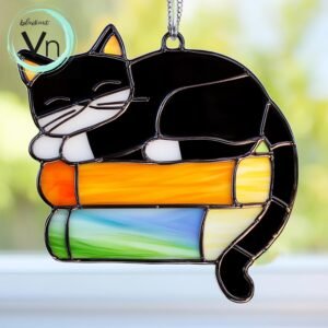 Digital Download PATTERNS glass Hanging decor Cat Art Gifts for book lovers, Cat on The Books Stained Glass