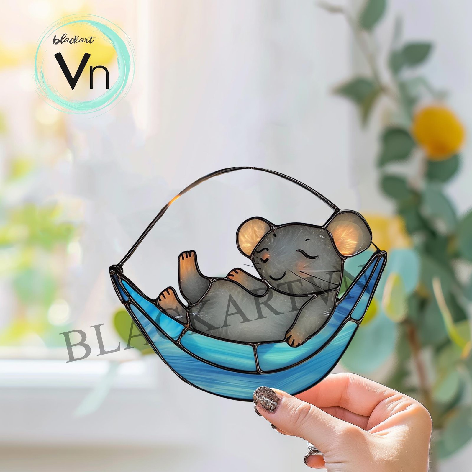 Digital Download Stained glass ,Suncatcher Mouse in Hammock T01, Modern Suncatcher, Diy Stained Glass - Image 2