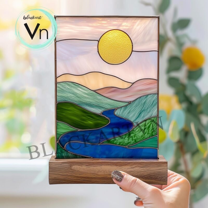 Digital Download Modern River's Edge T02 stained glass hanging, unique stained glass suncatcher, landscape - Image 2