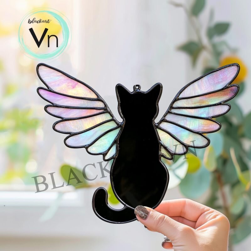 Digital Download Cat with angel wings T02,  black cat sitting on crescent moon stained glass  Glass panel Wall hanging window - Image 2
