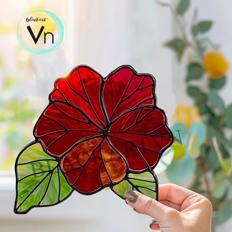 Digital Download Red Hibiscus, Stained Glass Sun Catcher, Gift, Stained Glass Art, Stained Glass Flowers, Flowers, Hibiscus - Image 2