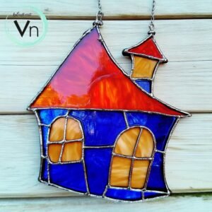 Digital Download Blue House Stained Glass Windo  T01  Pattern, Modern Suncatcher, Diy Stained Glass castle Halloween art