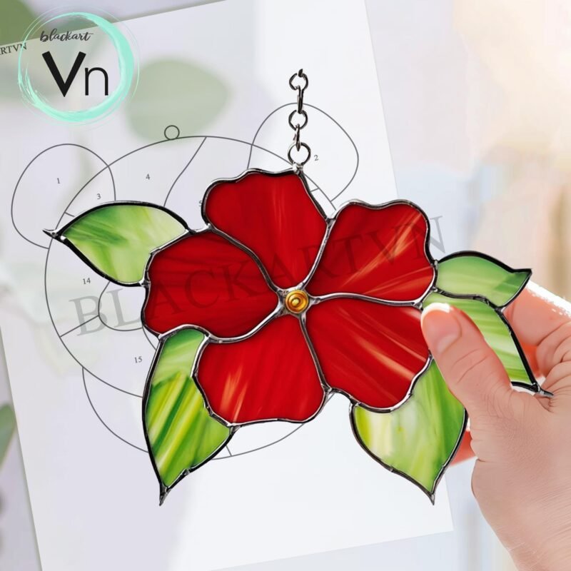 Digital Download Hibiscus Red Flower Stained Glass Mothers Day gift, Stained Glass Sun Catcher, Gift, Stained Glass Art,  Flowers, Hibiscus - Image 3