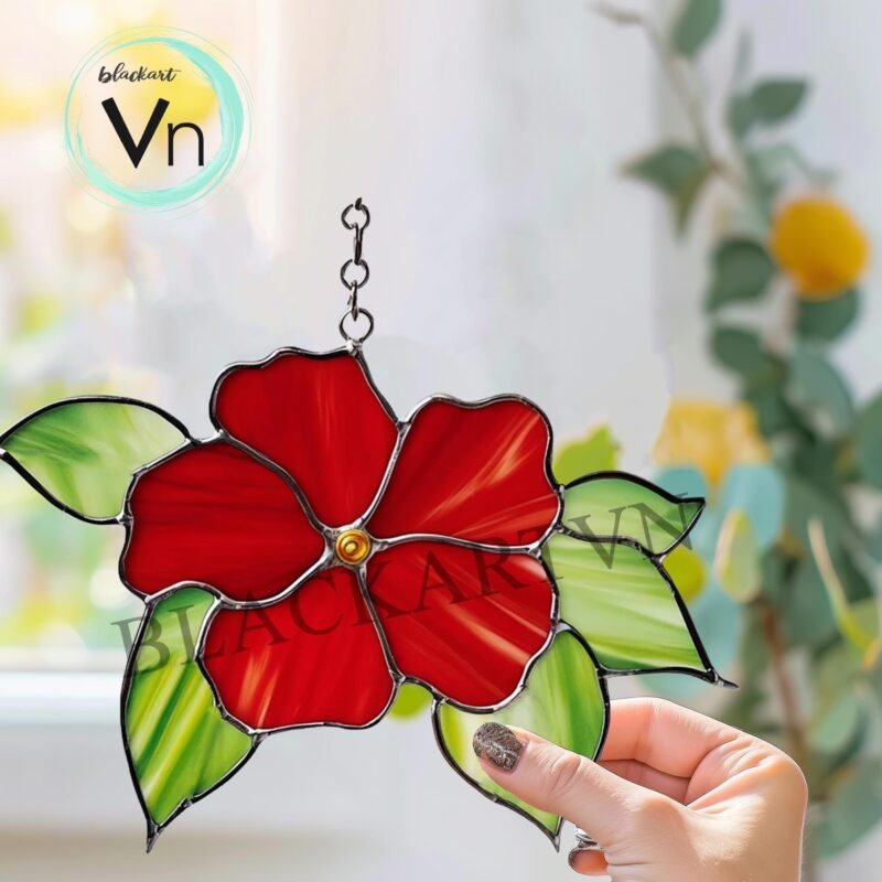 Digital Download Hibiscus Red Flower Stained Glass Mothers Day gift, Stained Glass Sun Catcher, Gift, Stained Glass Art,  Flowers, Hibiscus - Image 2
