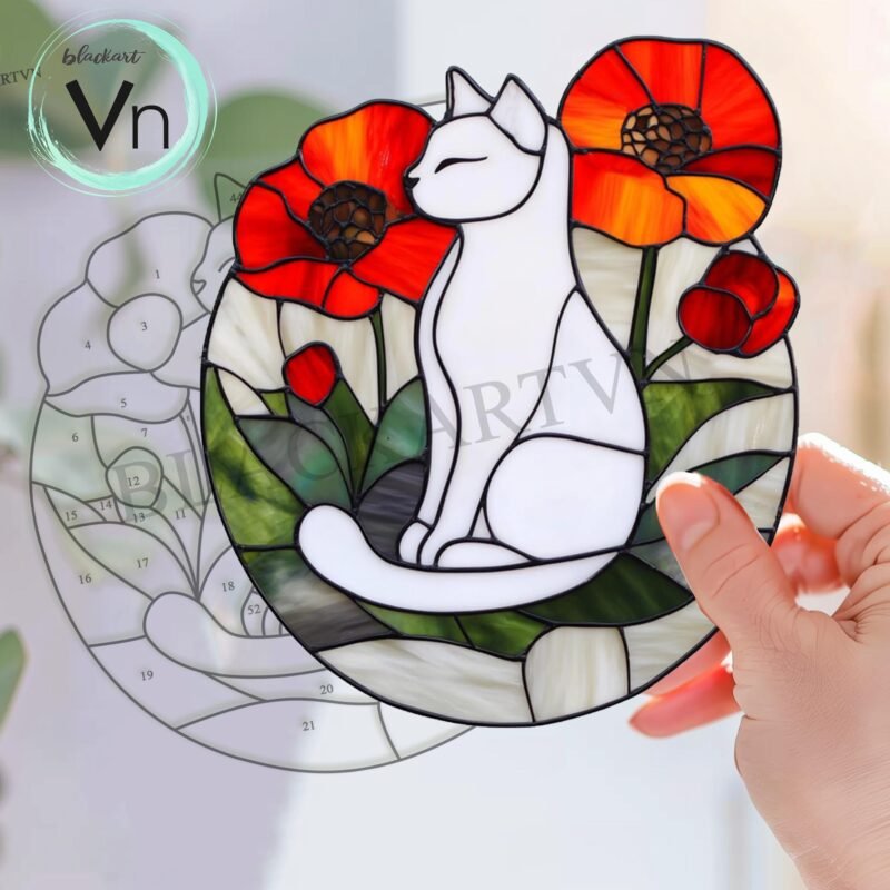 Digital Download  Stained Glass Pattern Suncatcher white Cat in Poppy Flowers Stained Glass Window Hangins Glass Wall Decor Cat Art gift - Image 3