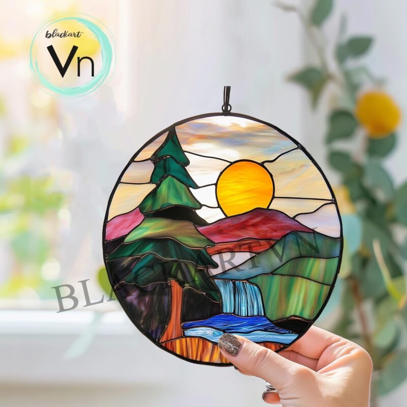 Digital Download stained glass mountain waterfall, Modern Suncatcher, Diy Stained Glass,Window Hanging Decor - Image 2